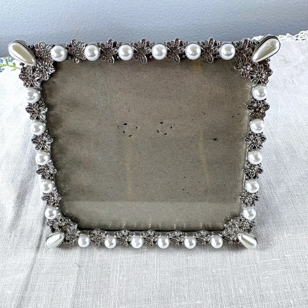 Concepts In Time Silver Floral Faux Pearl Square Picture Frame